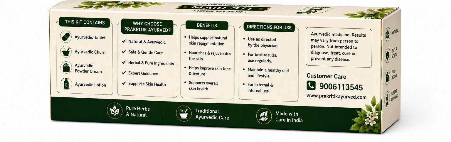 Back of Prakritik Ayurved Magic Kit box showing kit contents, benefits, directions for use and customer care details